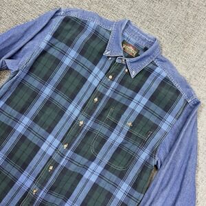 Vintage Greatland Plaid‎ Flannel Shirt Men's Large Green Blue Denim Look